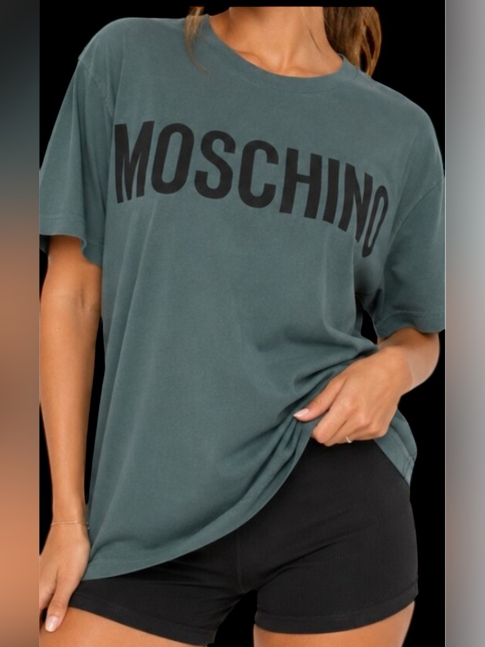 Moschino Couture Milano Olive Green black oversized Logo Tee Sz Medium